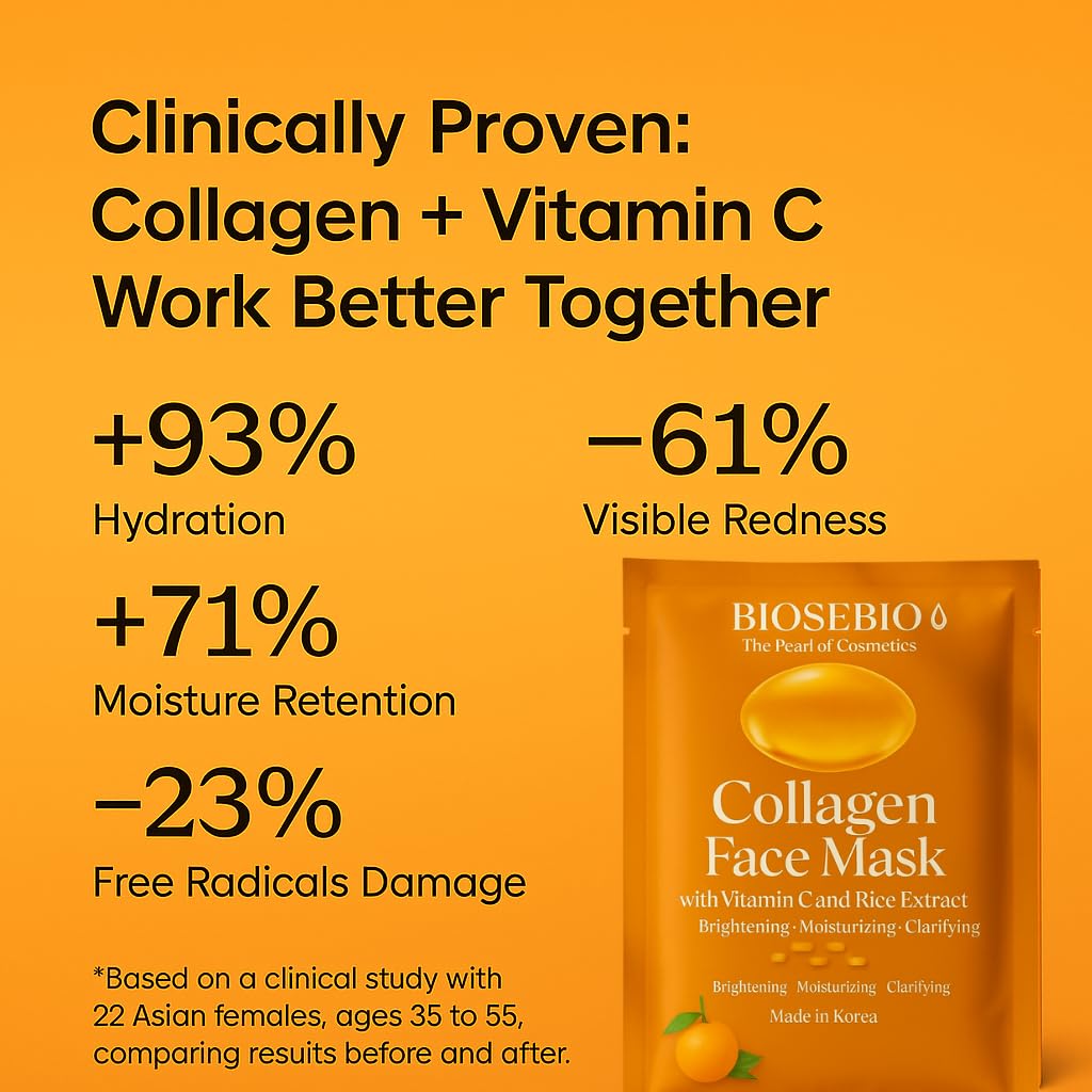 BIOSEBIO Korean Collagen Face Mask – 5 Sheets | Vitamin C & Rice Extract Brightening Sheet Mask for Radiant Glow | Hydrating & Plumping K-Beauty Facial Mask with Hydrolyzed Collagen, Panthenol & Beta-Glucan | Made in Korea