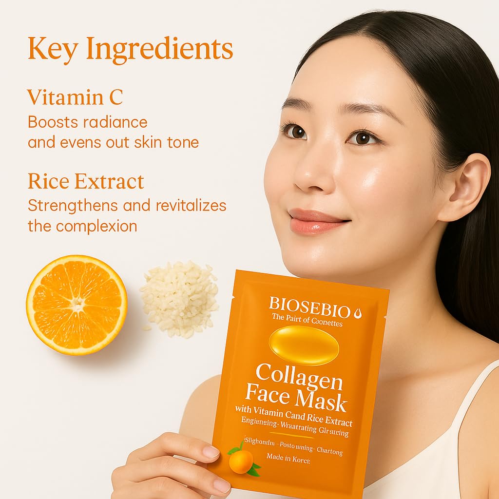 BIOSEBIO Korean Collagen Face Mask – 5 Sheets | Vitamin C & Rice Extract Brightening Sheet Mask for Radiant Glow | Hydrating & Plumping K-Beauty Facial Mask with Hydrolyzed Collagen, Panthenol & Beta-Glucan | Made in Korea