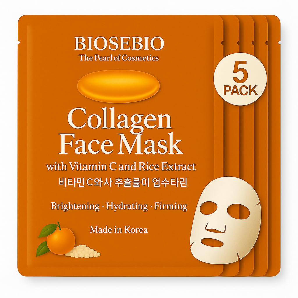 BIOSEBIO Korean Collagen Face Mask – 5 Sheets | Vitamin C & Rice Extract Brightening Sheet Mask for Radiant Glow | Hydrating & Plumping K-Beauty Facial Mask with Hydrolyzed Collagen, Panthenol & Beta-Glucan | Made in Korea