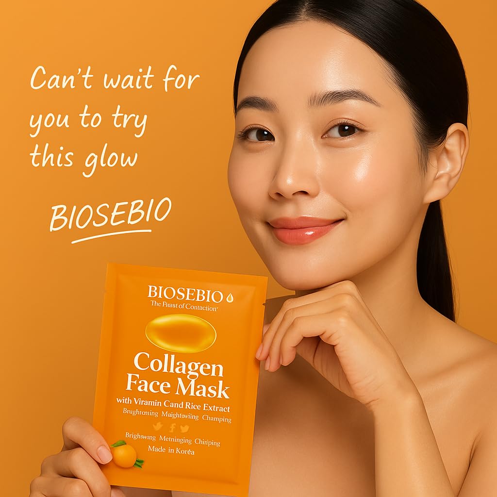 BIOSEBIO Korean Collagen Face Mask – 5 Sheets | Vitamin C & Rice Extract Brightening Sheet Mask for Radiant Glow | Hydrating & Plumping K-Beauty Facial Mask with Hydrolyzed Collagen, Panthenol & Beta-Glucan | Made in Korea