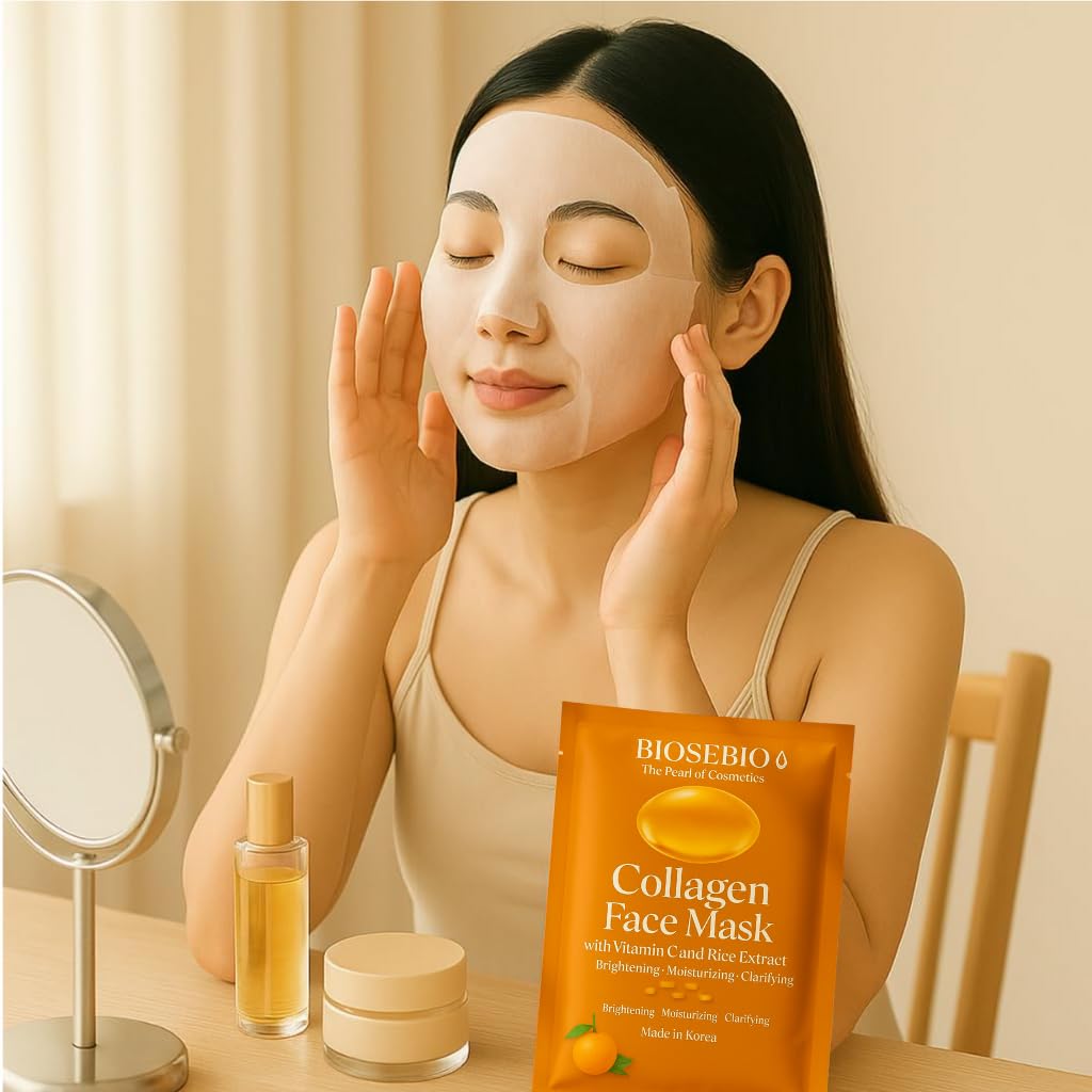 BIOSEBIO Korean Collagen Face Mask – 5 Sheets | Vitamin C & Rice Extract Brightening Sheet Mask for Radiant Glow | Hydrating & Plumping K-Beauty Facial Mask with Hydrolyzed Collagen, Panthenol & Beta-Glucan | Made in Korea