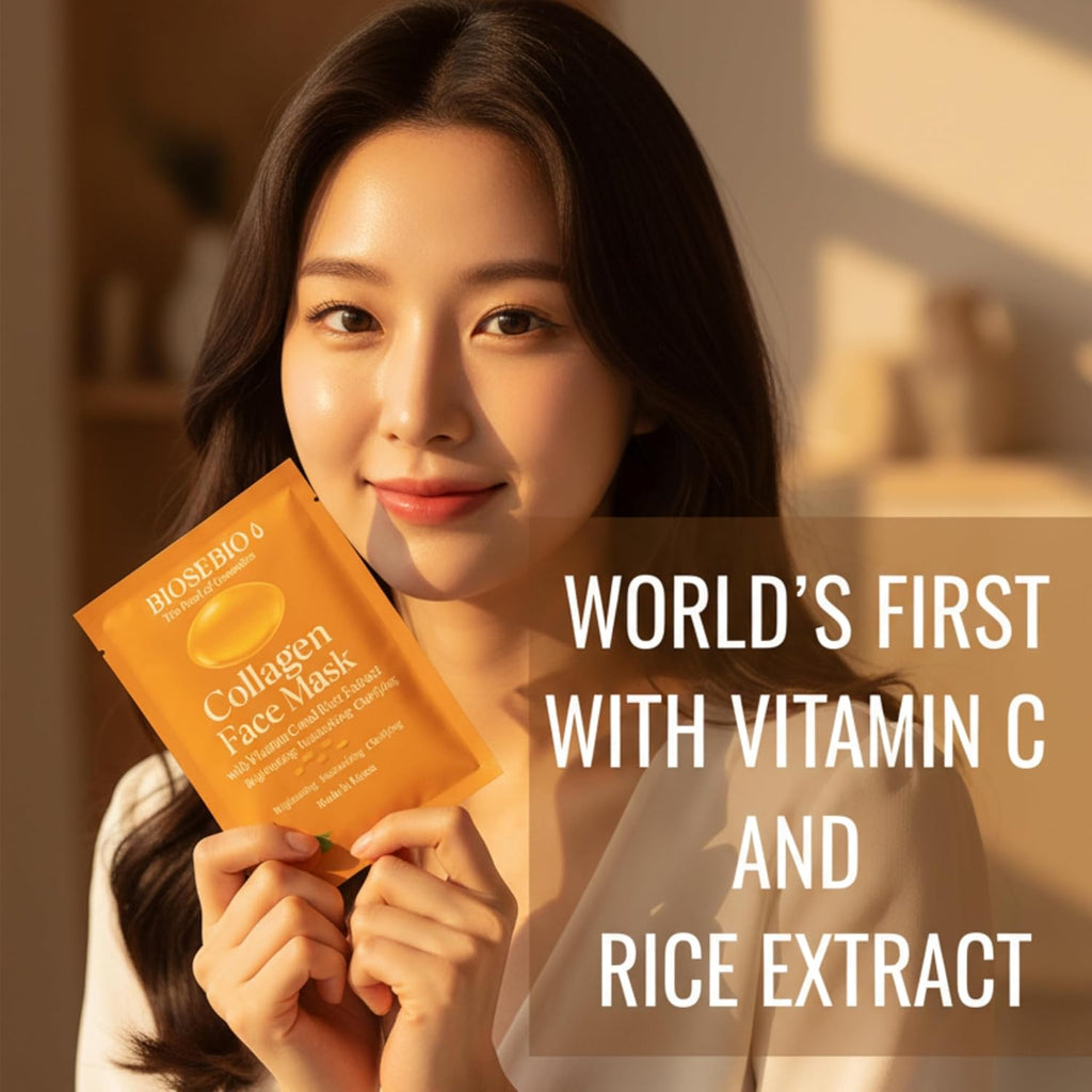 BIOSEBIO Korean Collagen Face Mask – 5 Sheets | Vitamin C & Rice Extract Brightening Sheet Mask for Radiant Glow | Hydrating & Plumping K-Beauty Facial Mask with Hydrolyzed Collagen, Panthenol & Beta-Glucan | Made in Korea